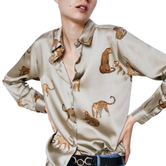 Zara Tops - Zara Leopard silky button down blouse green size S